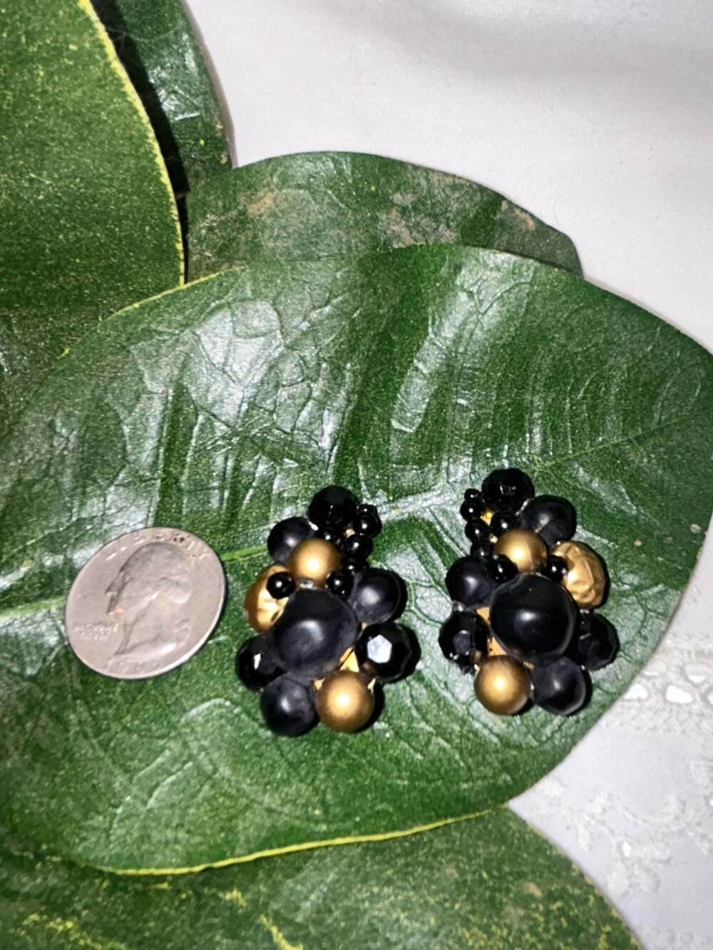 Vintage West Germany Cluster Clip On Earrings Black And Gold Beads